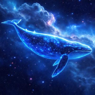 The primary subject of the image is a blue whale, which is the main object, scene, or focus of the image. The whale is floating in a blue, star-filled sky, creating a sense of depth and space. The visual style of the image is digital art, as it is a computer-generated representation of the whale. The colors and mood of the image are predominantly blue, with the stars adding a touch of brightness and contrast.